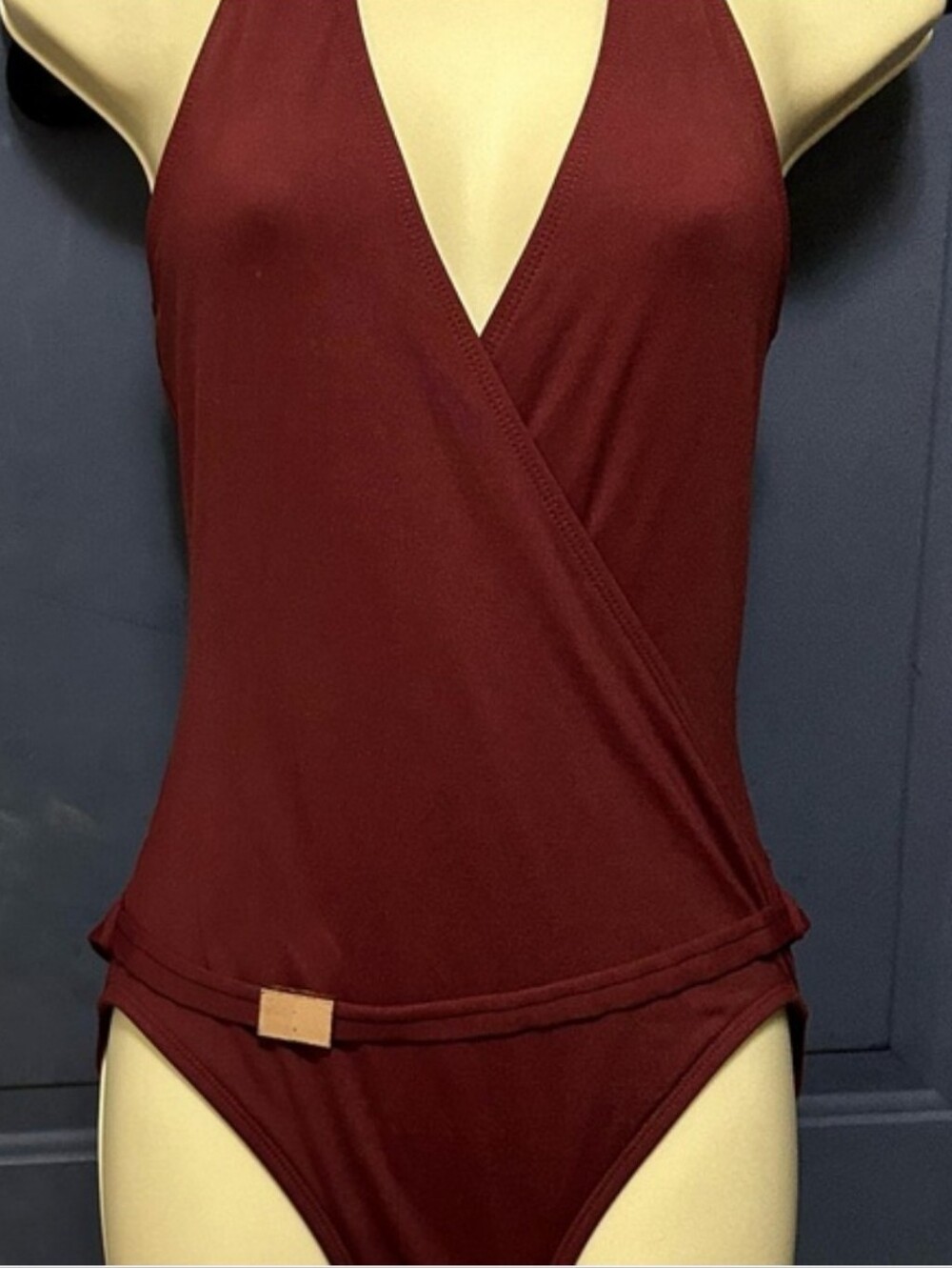 Calvin Klein Surplice Wrap Belted Halter One-Piece Swimsuit, 8, Burgundy